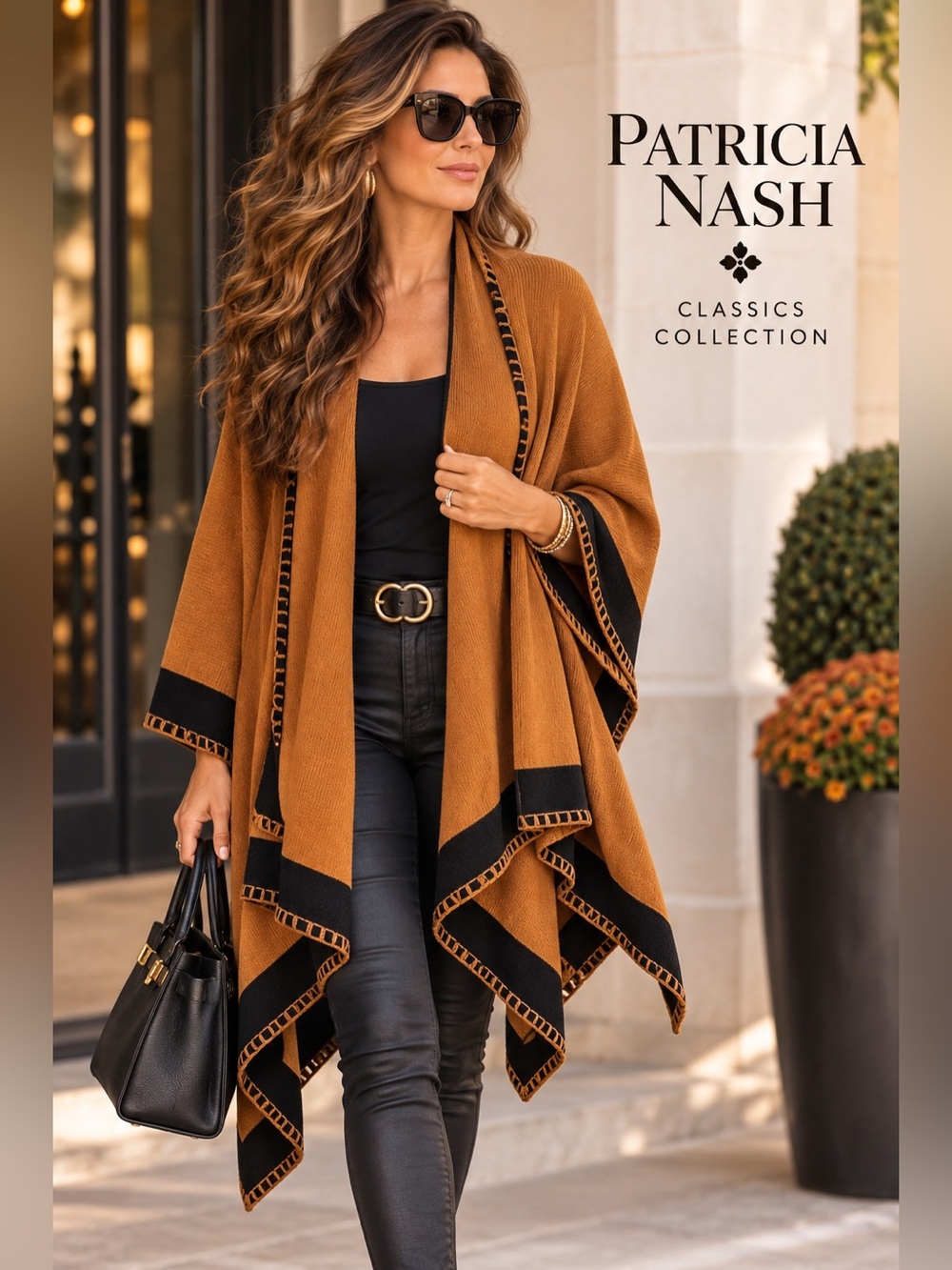 NWT,Patricia Nash, Camel Black Knit Shawl Wrap Whipstitch,Stunning, Size OS